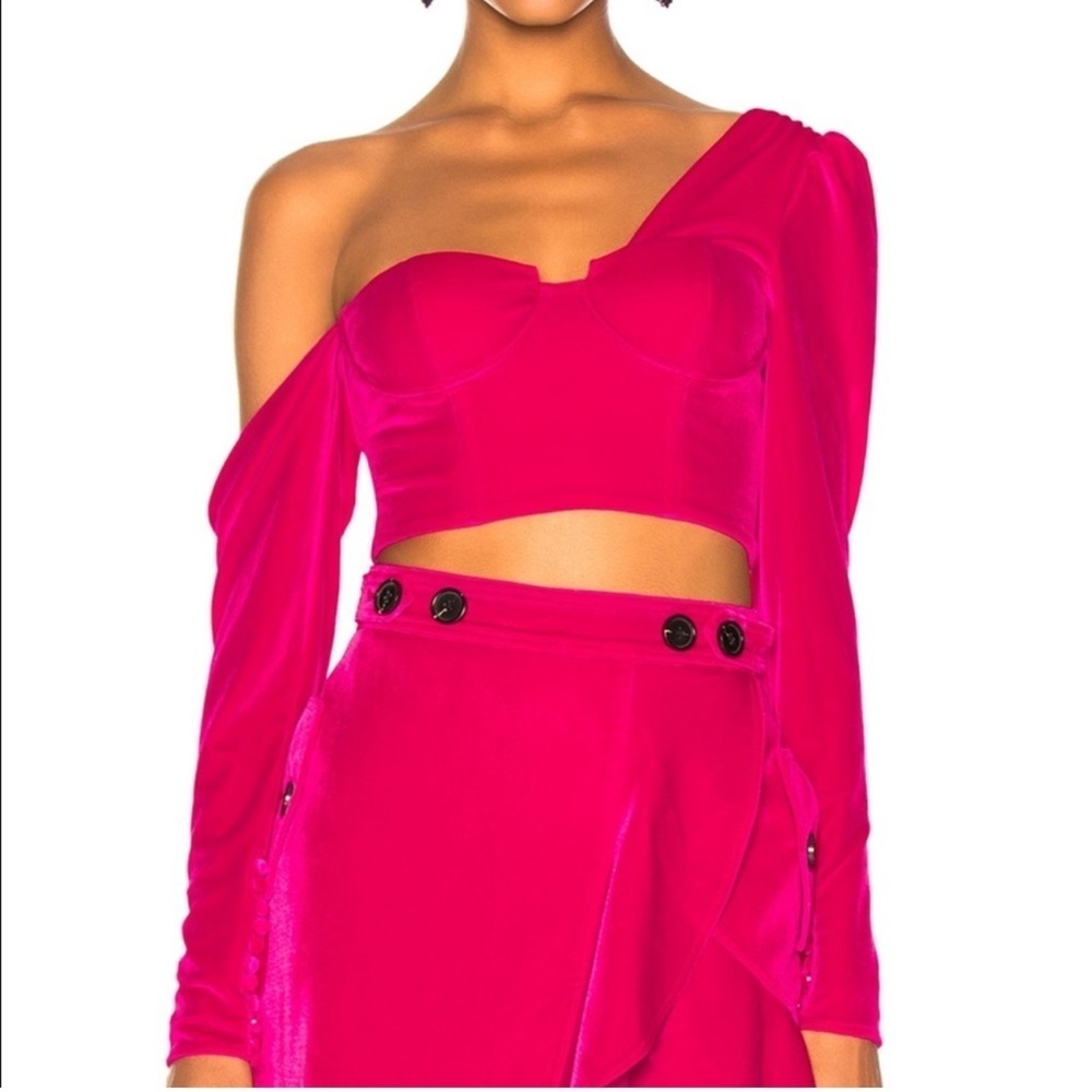 SELF-PORTRAIT One-shoulder Velvet Crop Top in pink size 2